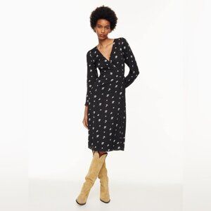 Aritzia WILFRED Once Midi Black Floral Flowy Wrap Long sleeve V-neck Dress Small